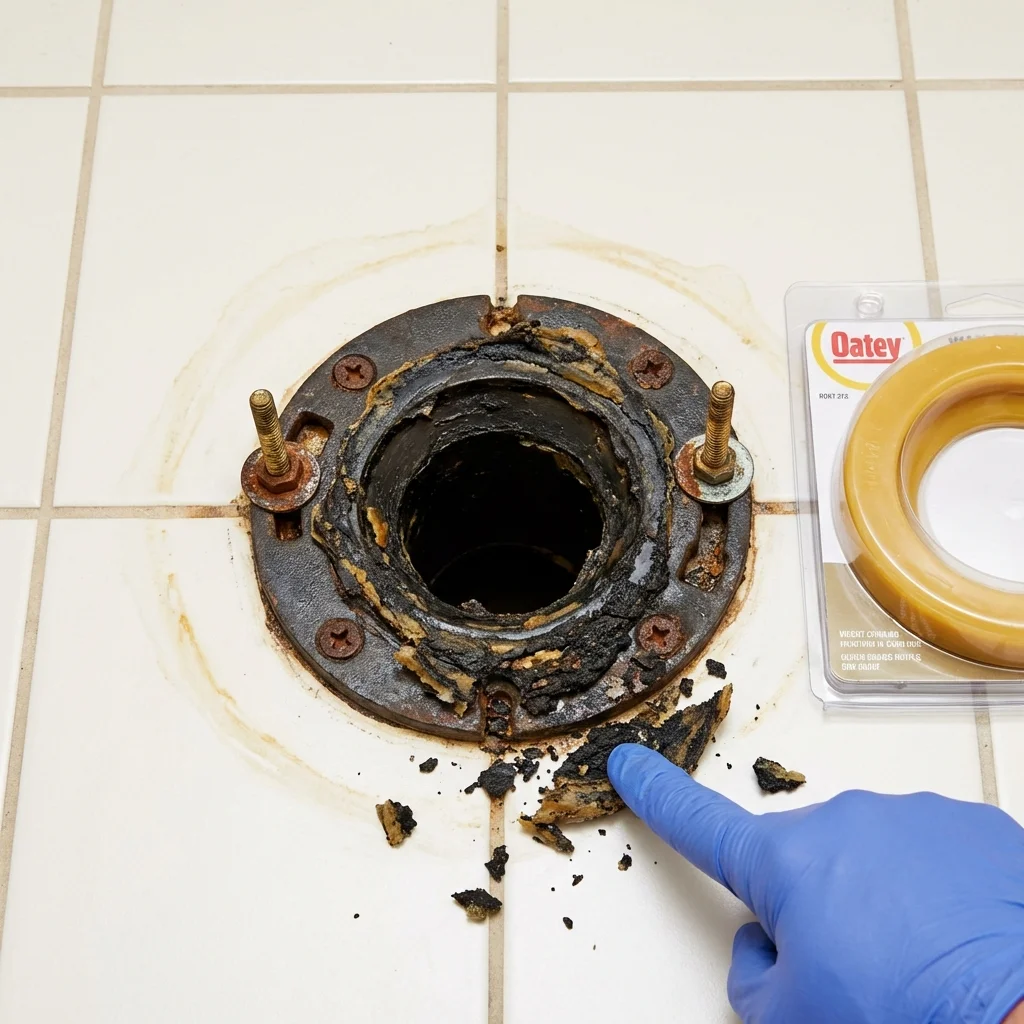 Failed wax ring showing water seepage at the base of a toilet in a Boiling Springs, NC home