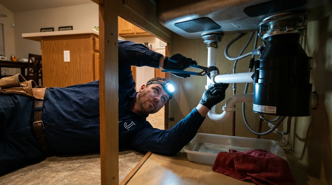 P-trap and supply line connections under a kitchen sink showing a common leak point in Boiling Springs, NC
